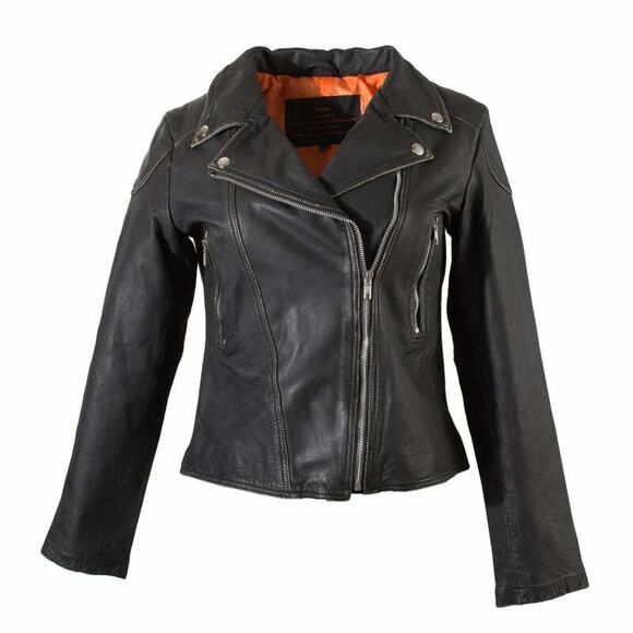 Slightly Distressed Biker Black Leather Jacket Silver Studed Zippered Lizzie - Picture 6 of 9